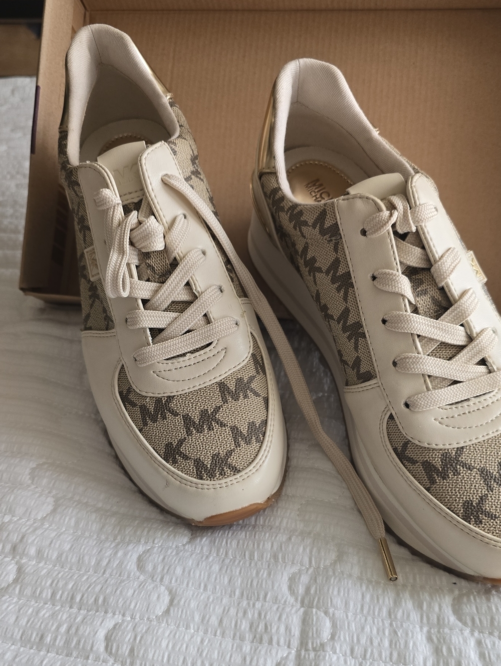 Michael Kors Cream and Beige MK Logo Lace-Up Sneakers